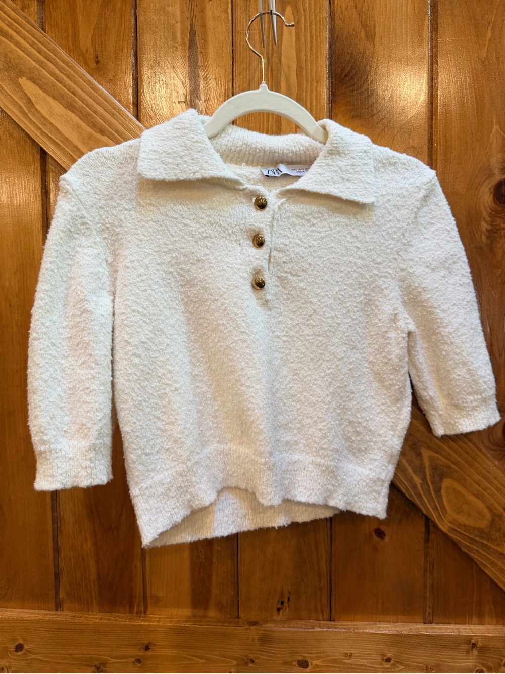 Zara Cream Button-Front Bouclé Polo Sweater
